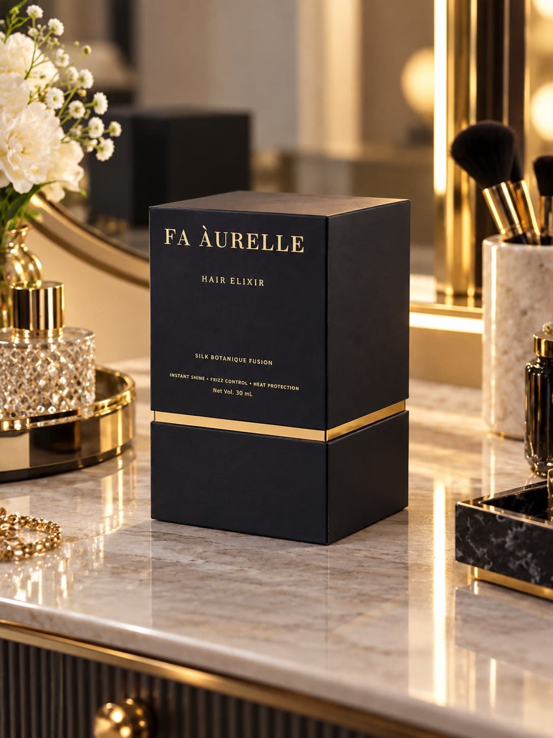 FA ÀURELLE Hair Elixir presentation box on a warmly lit vanity