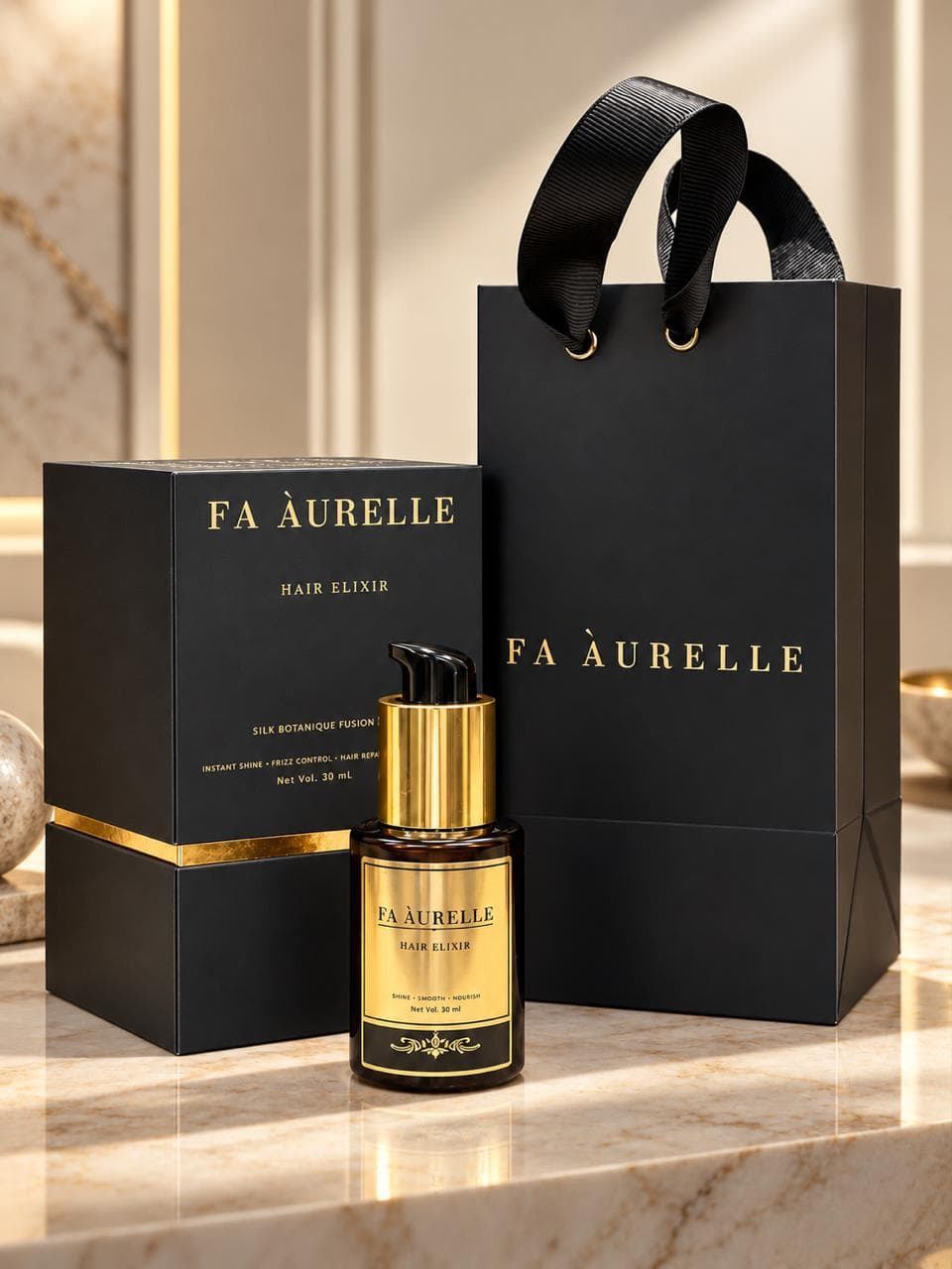 FA ÀURELLE Hair Elixir bottle with its black-and-gold presentation packaging