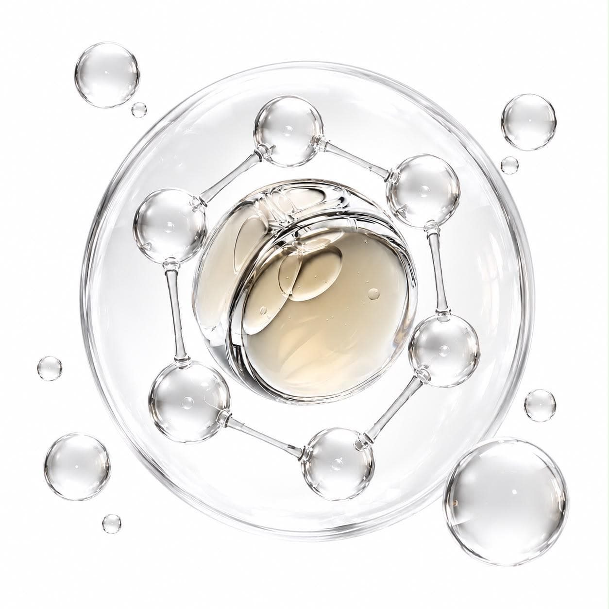 Clear molecular spheres surrounding a pale golden serum capsule