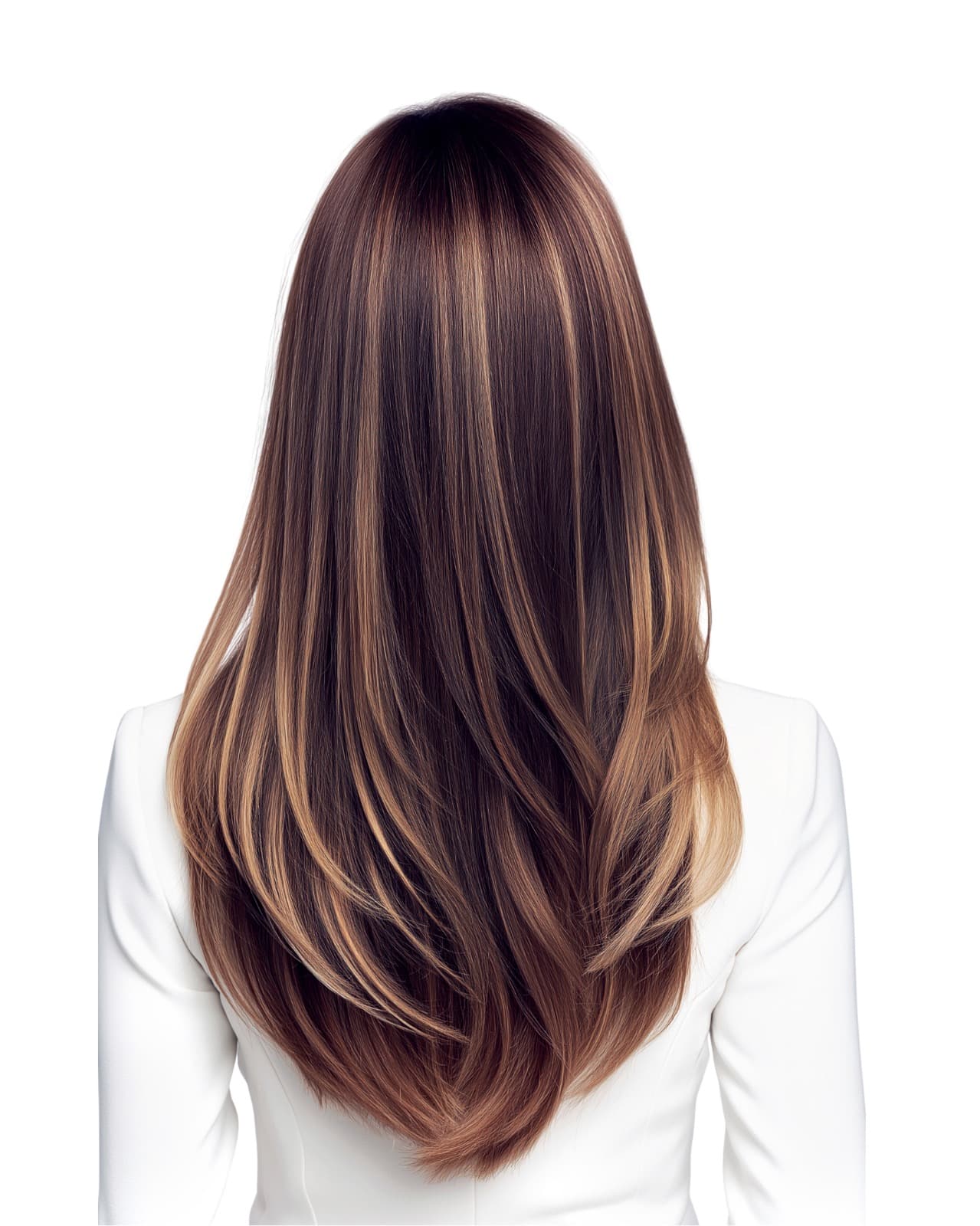 Long, smooth brunette hair with luminous highlights, viewed from behind