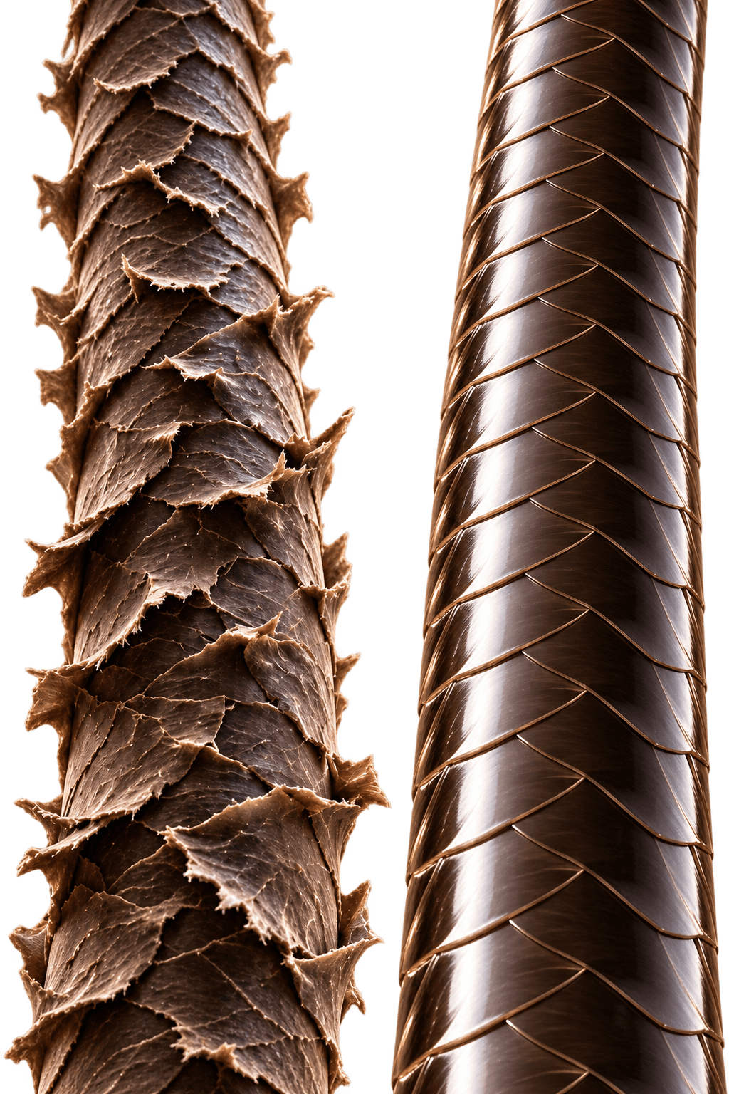 Magnified hair strands comparing a rough, lifted cuticle on the left with a smooth, aligned cuticle on the right